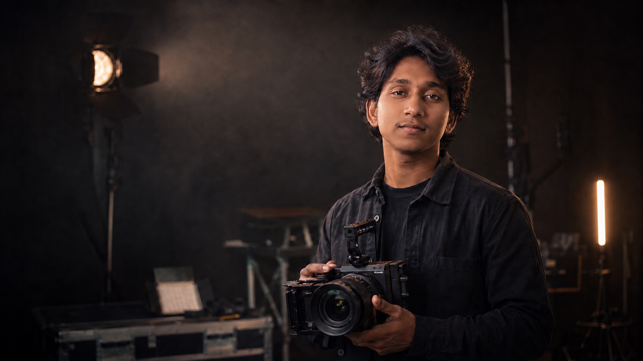 Portrait of Abdul Kadir in his studio with a camera