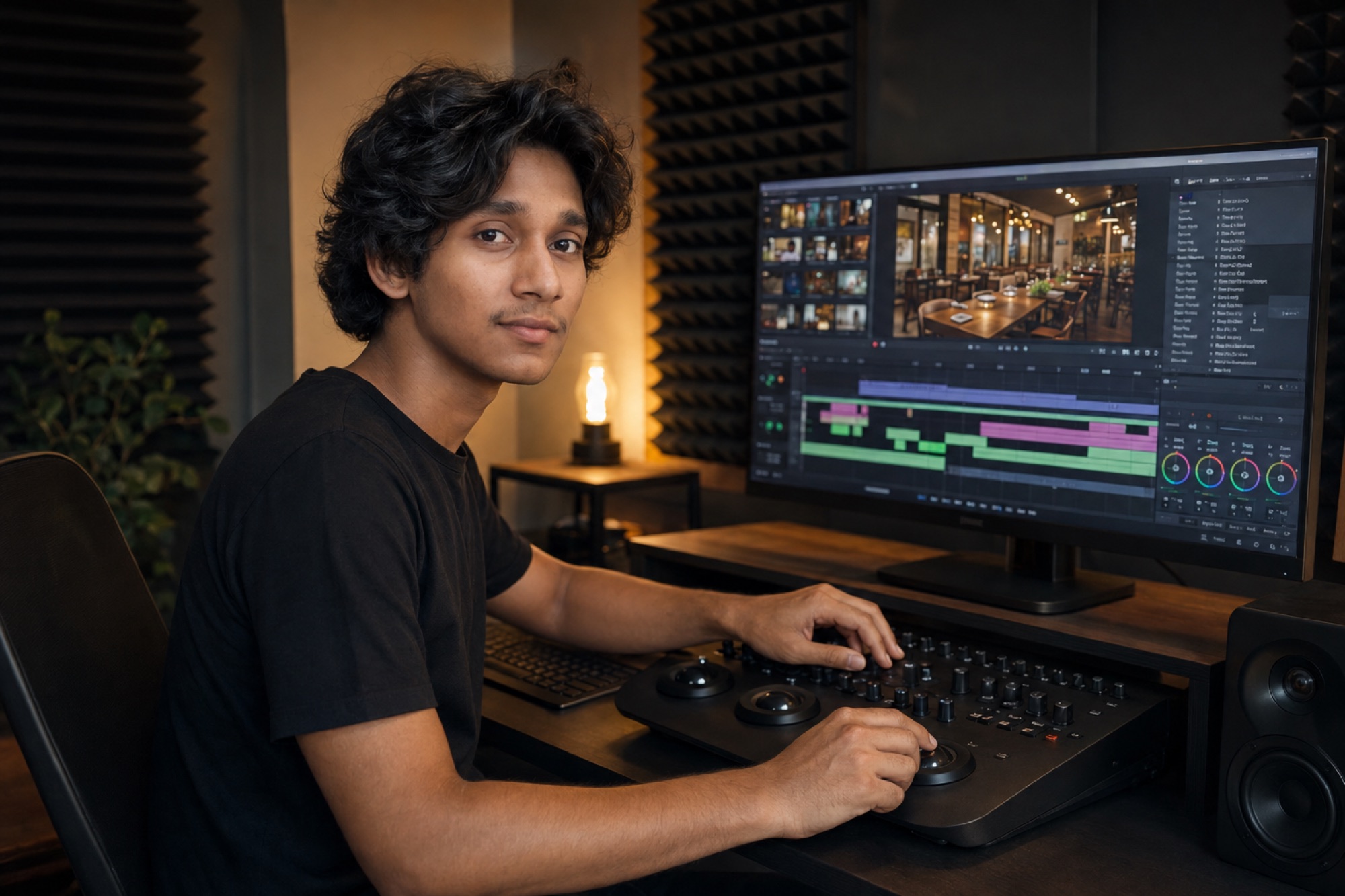 Abdul editing brand video content at a workstation