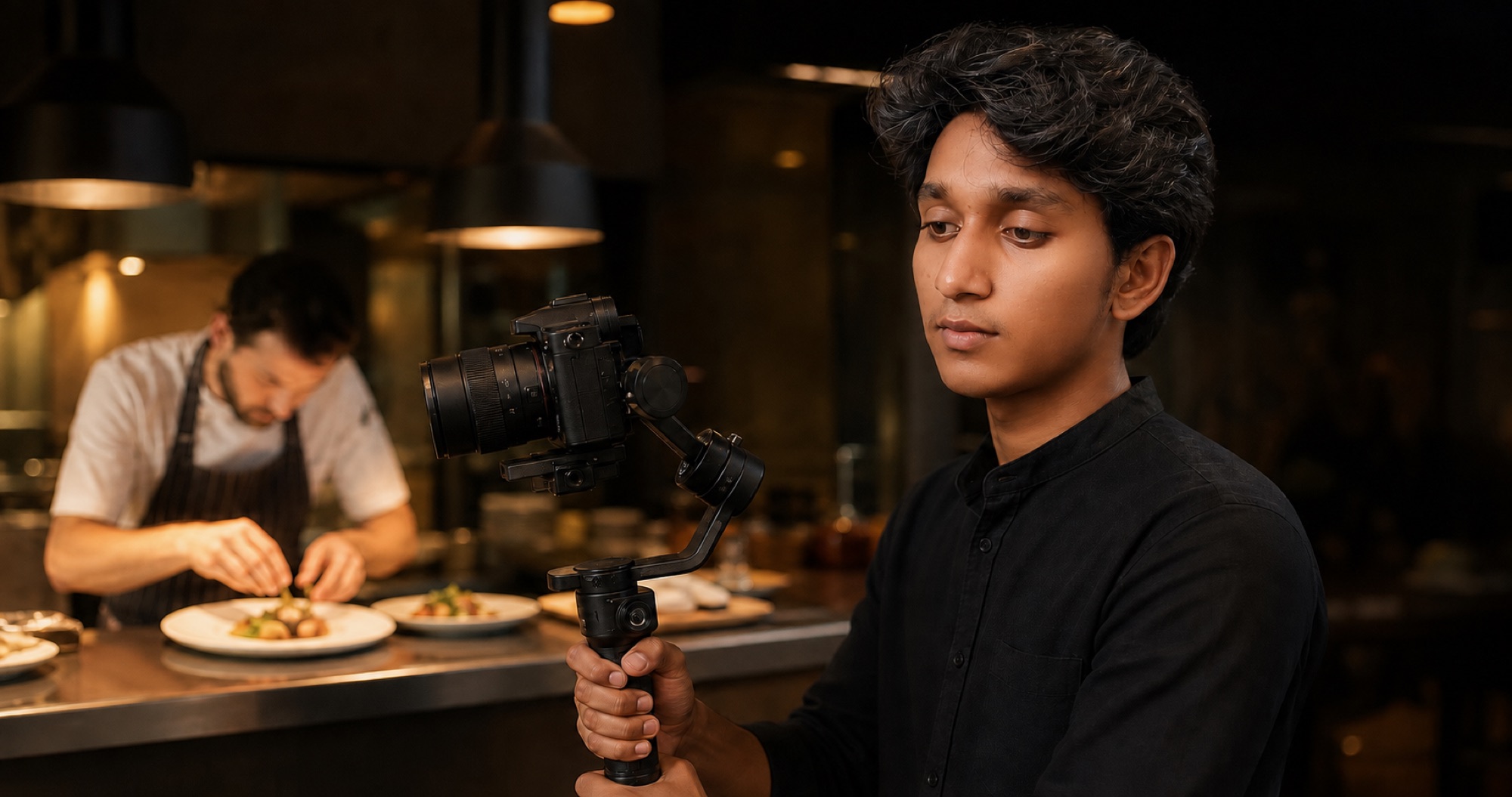 Abdul filming a chef plating food in a restaurant