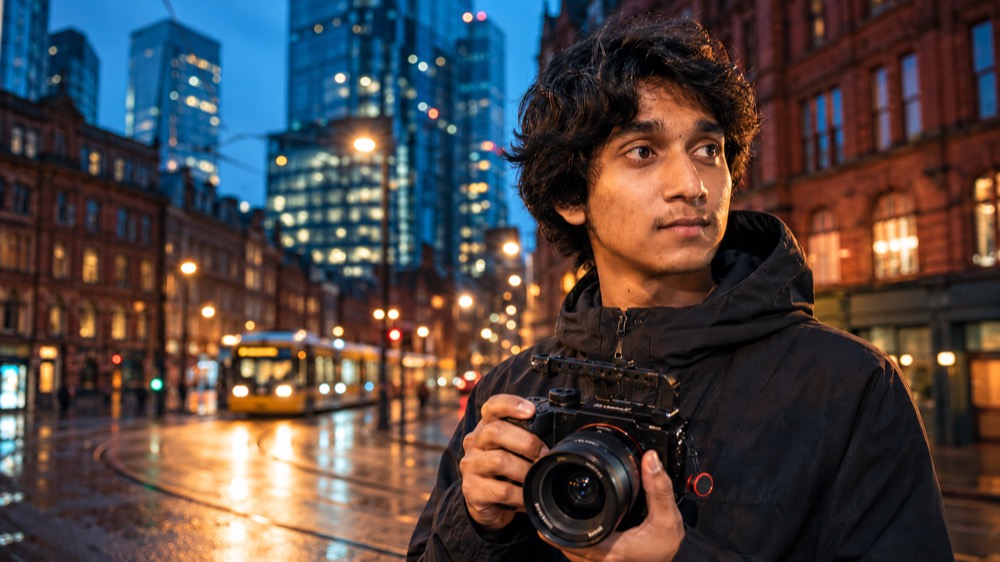 Abdul holding a camera on a rainy Manchester street at dusk